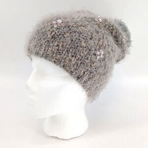 Betsey Johnson Women's Faux-Fur Knit Beanie with Crystal Accents - Gray